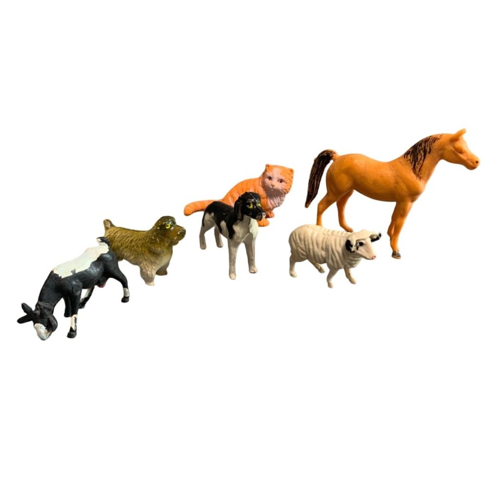 Vintage Plastic Farm & Zoo Animal Figurine Set - 6 Miniatures